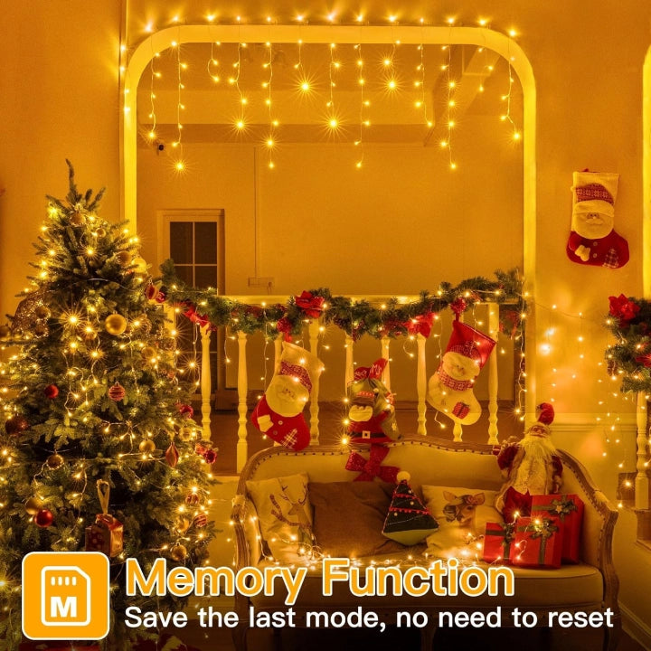 Ollny 400 LEDs 10m Christmas Outdoor Icicle  Lights (Warm White, Clear Cable, Connectable, 8 Modes)