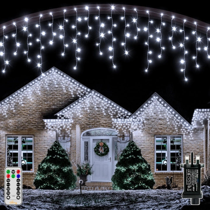Ollny 396 LEDs 9.8m Outdoor Christmas Icicle  Lights (Cool White, Clear Cable, Connectable, 8 Modes)