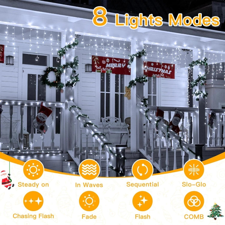 Ollny 400 LEDs 10m Outdoor Christmas Icicle  Lights (Cool White, Clear Cable, Connectable, 8 Modes)