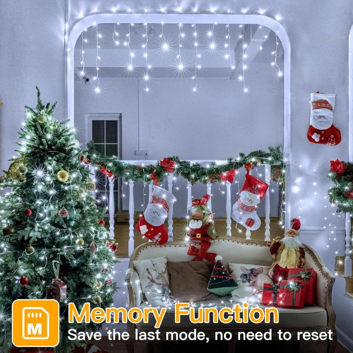 Ollny 400 LEDs 10m Outdoor Christmas Icicle  Lights (Cool White, Clear Cable, Connectable, 8 Modes)