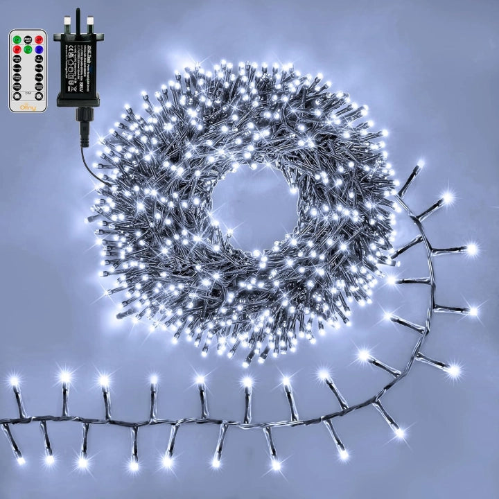 Ollny 1000 LED 15m Cool White Christmas Cluster Lights (Green Cable, Plug in, 8 Modes)