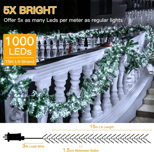 Ollny 1000 LED 15m Cool White Christmas Cluster Lights (Green Cable, Plug in, 8 Modes)