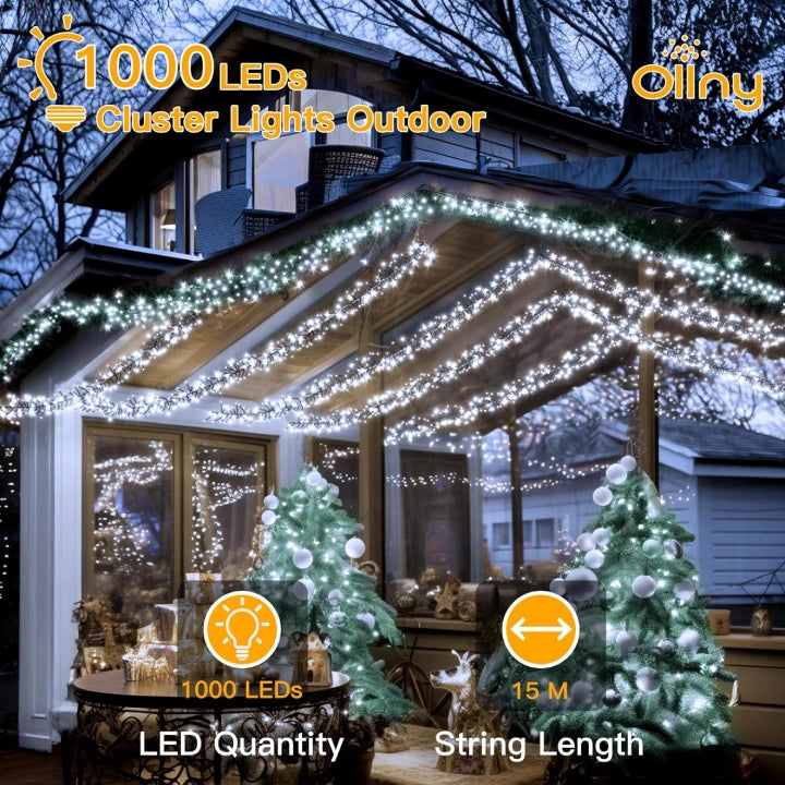 Ollny 1000 LED 15m Cool White Christmas Cluster Lights (Green Cable, Plug in, 8 Modes)