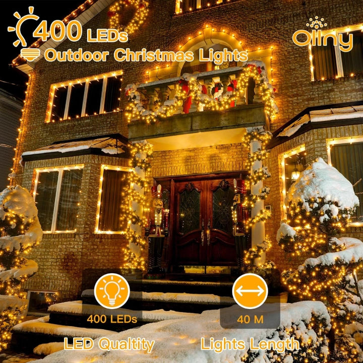 Ollny 400 LED 40m Warm White Christmas String Lights (Green Cable, Plug in, 8 Modes)