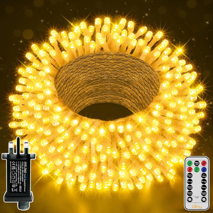 Ollny 300 LED 30m Warm White Christmas String Lights (Clear Cable, Plug in, 8 Modes)