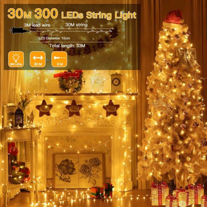 Ollny 300 LED 30m Warm White Christmas String Lights (Clear Cable, Plug in, 8 Modes)