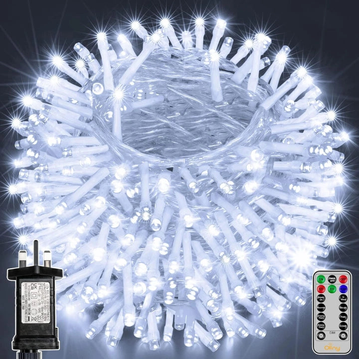 Ollny 600 LED 60m Cool White Christmas Lights (Clear Cable, Plug in, 8 Modes)