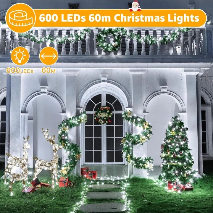 Ollny 600 LED 60m Cool White Christmas Lights (Clear Cable, Plug in, 8 Modes)