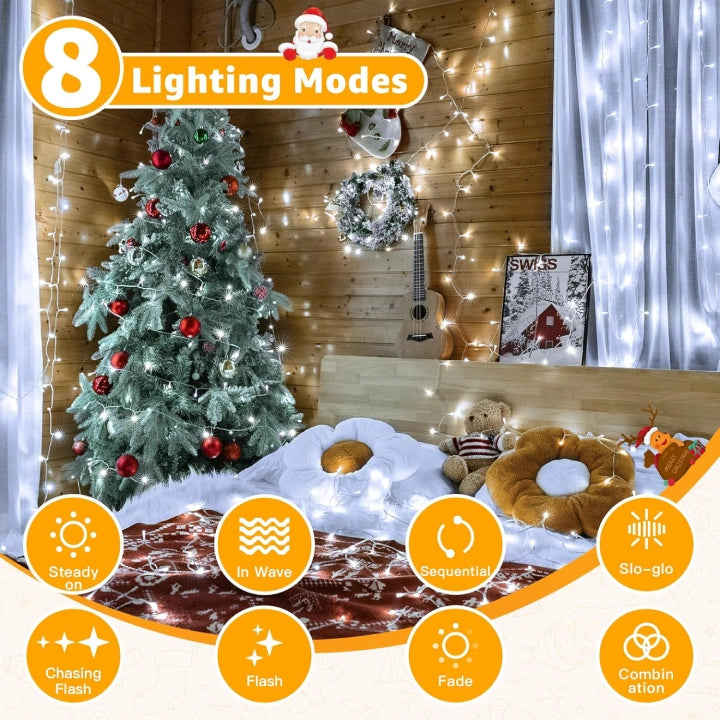 Ollny 600 LED 60m Cool White Christmas Lights (Clear Cable, Plug in, 8 Modes)