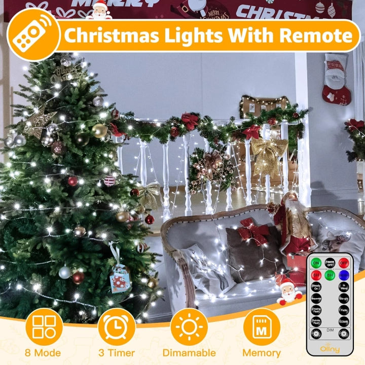 Ollny 600 LED 60m Cool White Christmas Lights (Clear Cable, Plug in, 8 Modes)