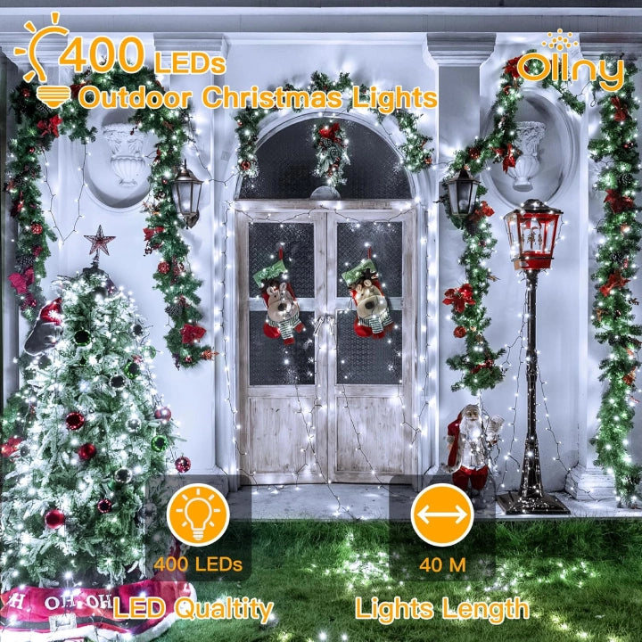 Ollny 400 LED 40m Cool White Christmas String Lights (Green Cable, Plug in, 8 Modes)