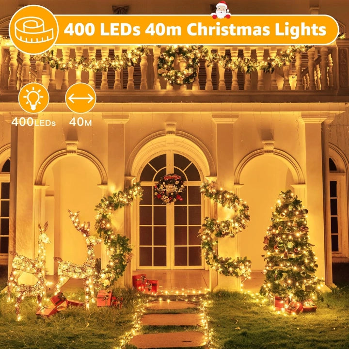 Ollny 400 LED 40m Warm White Christmas String Lights (Clear Cable, Plug in, 8 Modes)