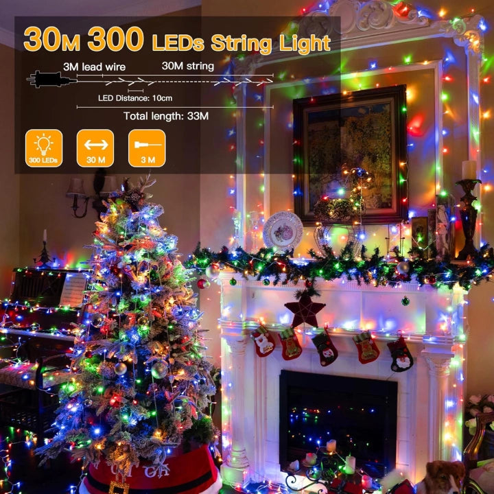 Ollny 300 LED 30m Multicolor Christmas Lights (Clear Cable, Plug in, 8 Modes)
