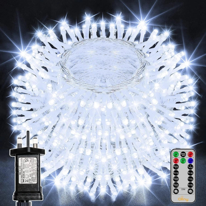 Ollny 300 LED 30m Cool White Christmas Lights (Clear Cable, Plug in, 8 Modes)