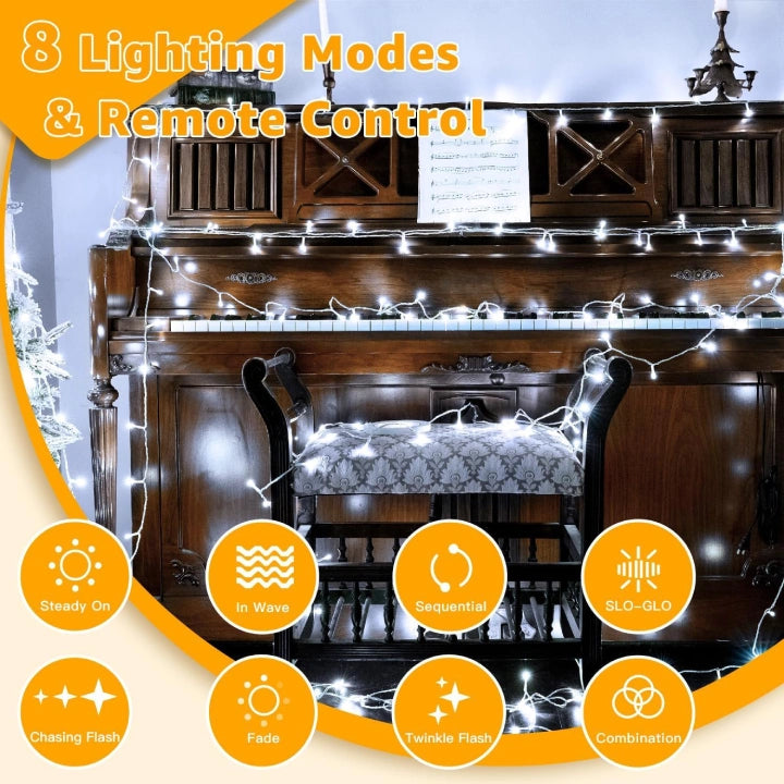 Ollny 300 LED 30m Cool White Christmas Lights (Clear Cable, Plug in, 8 Modes)