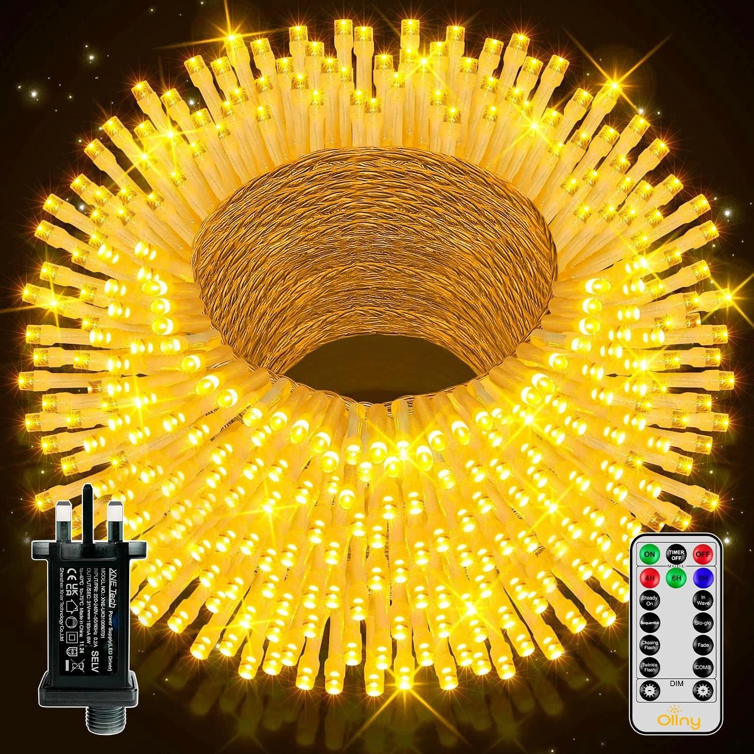 Ollny 500 LED 50m Warm White Fairy Lights (Warm White, Memory Function, 8 Modes, IP44 Waterproof)