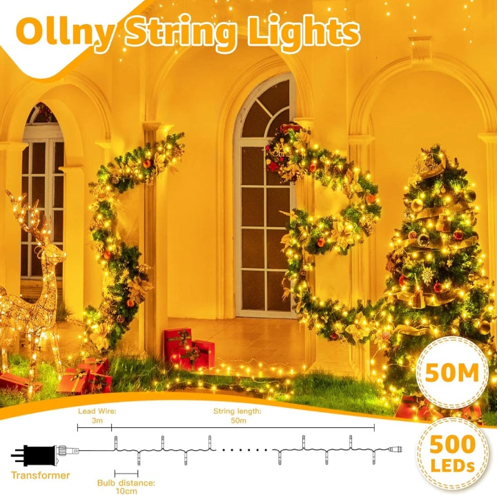 Ollny 500 LED 50m Warm White Fairy Lights (Warm White, Memory Function, 8 Modes, IP44 Waterproof)