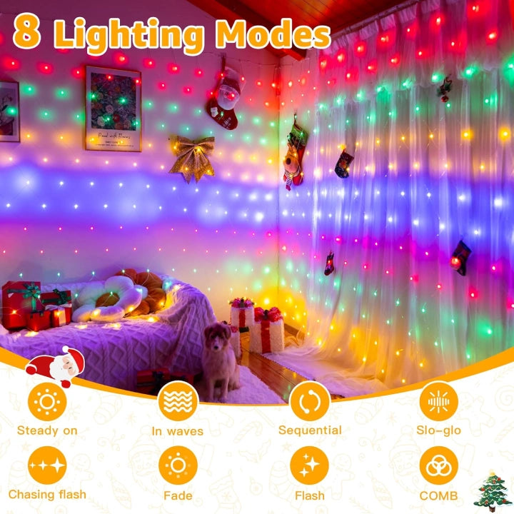 Ollny 200 LEDs 3m*2m IP67 Fairy Net Lights (Multi Color, Clear Wire, Plug in, 8 Modes)