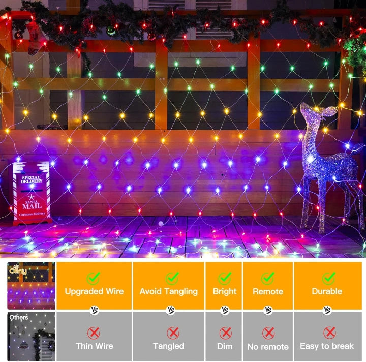 Ollny 200 LEDs 3m*2m IP67 Fairy Net Lights (Multi Color, Clear Wire, Plug in, 8 Modes)