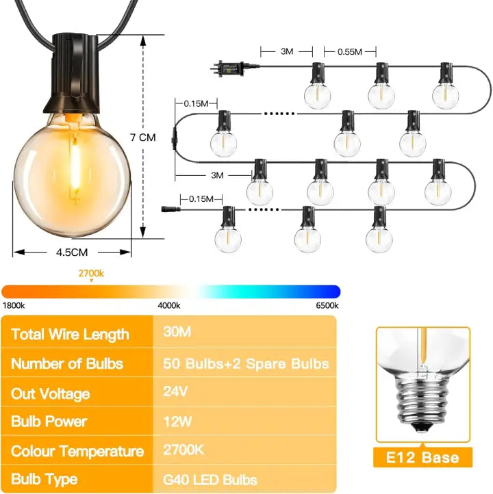 Ollny G40 Outdoor Festoon Lights 30m (50+2 Bulbs, Connectable, IP45 Waterproof, 2700k)