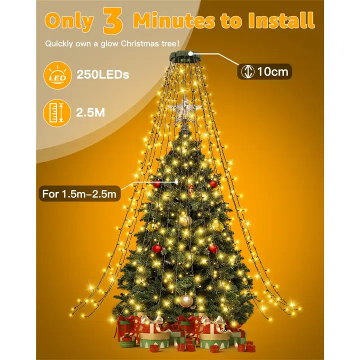 Ollny 250 LEDs 2.5m*10 Strands Warm White Christmas Tree Lights (Green Cable, USB, IP44 Waterproof)