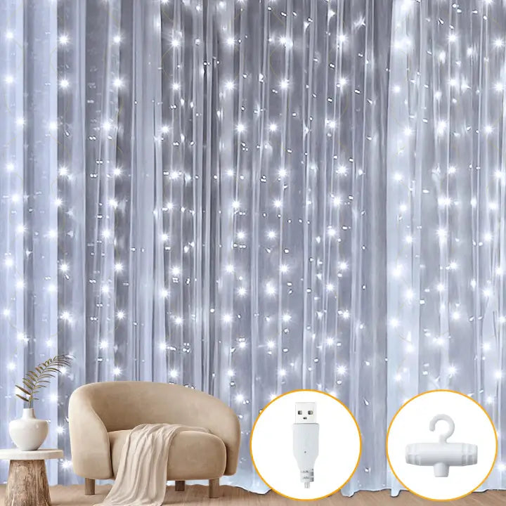 Ollny 300 LED 3m*3m USB Curtain Fairy Lights With Hooks (Cool White, Copper Wire)