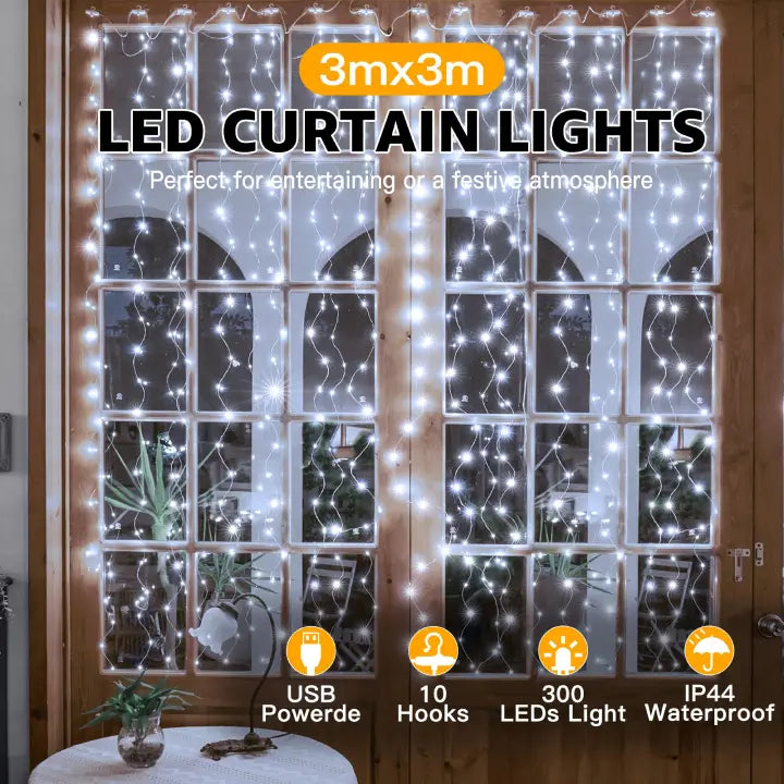 Ollny 300 LED 3m*3m USB Curtain Fairy Lights With Hooks Cool White