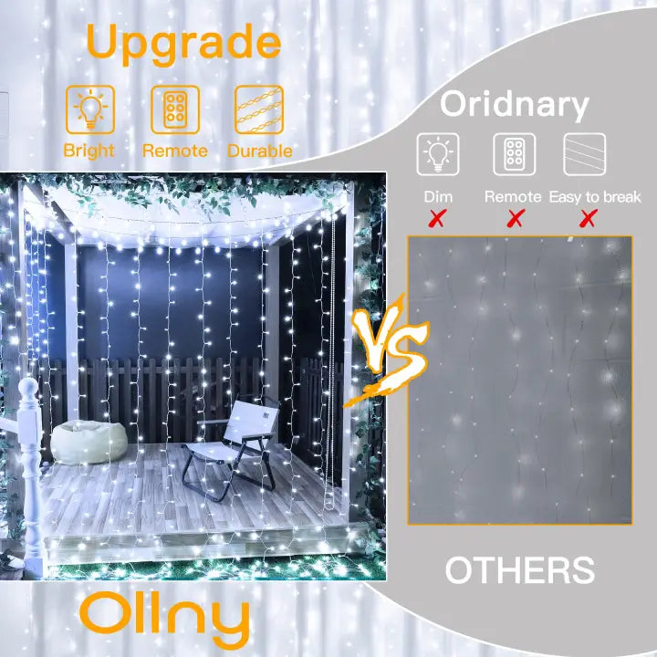Ollny 300 LEDs 3m*3m Christmas Curtain Fairy Lights (Cool White, Clear Cable, Plug in, 8 Modes)
