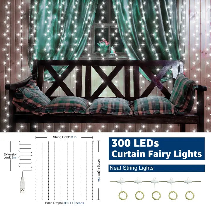 Ollny 300 LED 3m*3m USB Curtain Fairy Lights With Hooks Cool White