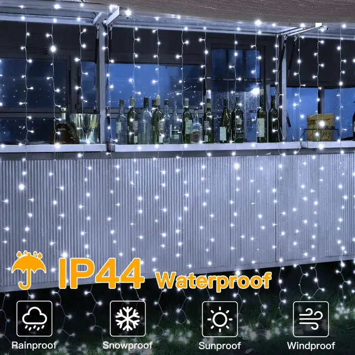 Ollny 300 LEDs 3m*3m Christmas Curtain Fairy Lights (Cool White, Clear Cable, Plug in, 8 Modes)