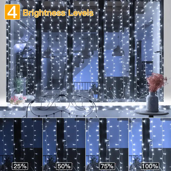 Ollny 300 LEDs 3m*3m Christmas Curtain Fairy Lights (Cool White, Clear Cable, Plug in, 8 Modes)