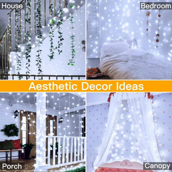 Ollny 300 LEDs 3m*3m Christmas Curtain Fairy Lights (Cool White, Clear Cable, Plug in, 8 Modes)