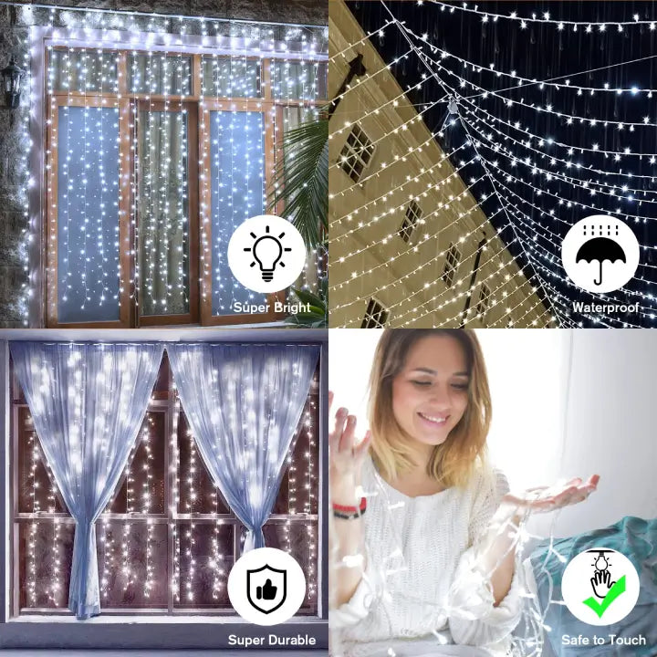 Ollny 300 LEDs 3m*3m Christmas Curtain Fairy Lights (Cool White, Clear Cable, Plug in, 8 Modes)
