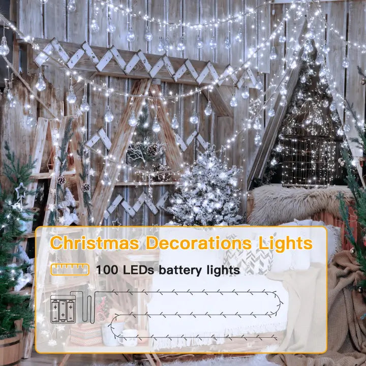 Ollny 100 LED Cool White Battery Operated Christmas Fairy Lights (Clear Cable, IP44 Waterproof)