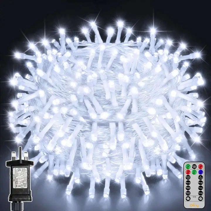 Ollny 200 LEDs 20m Cool White Fairy Lights (Clear Cable, Plug in, 8 Modes)