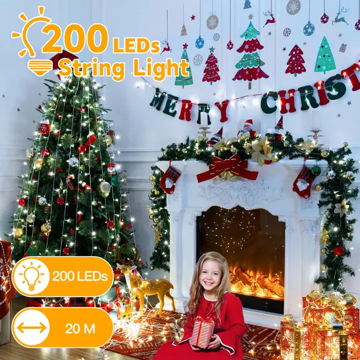 Ollny 200 LEDs 20m Cool White Fairy Lights (Clear Cable, Plug in, 8 Modes)