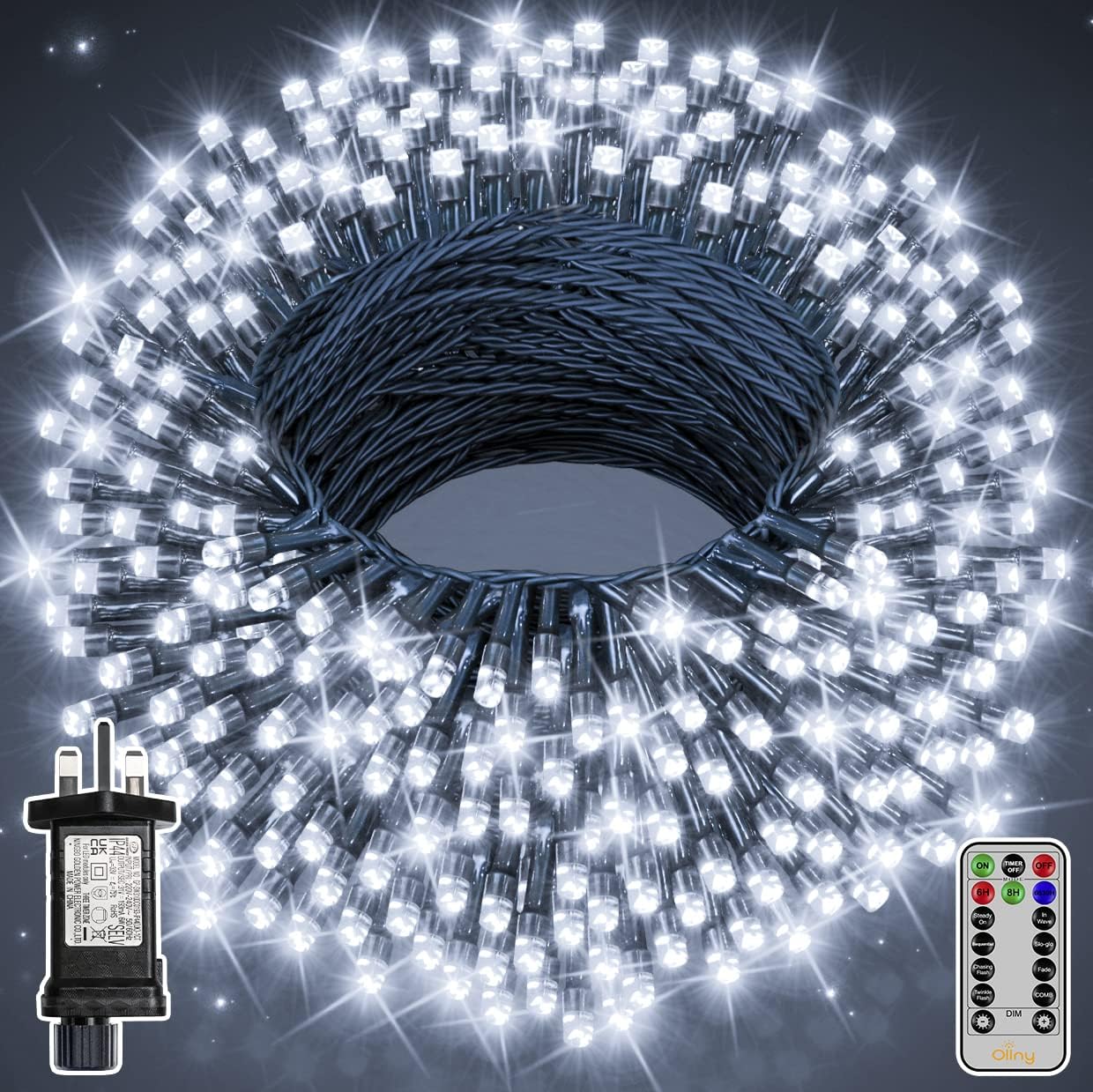 Ollny 200 LEDs 20m Christmas Garden String Lights (Cool White, Green Cable, Plug in, 8 Modes)