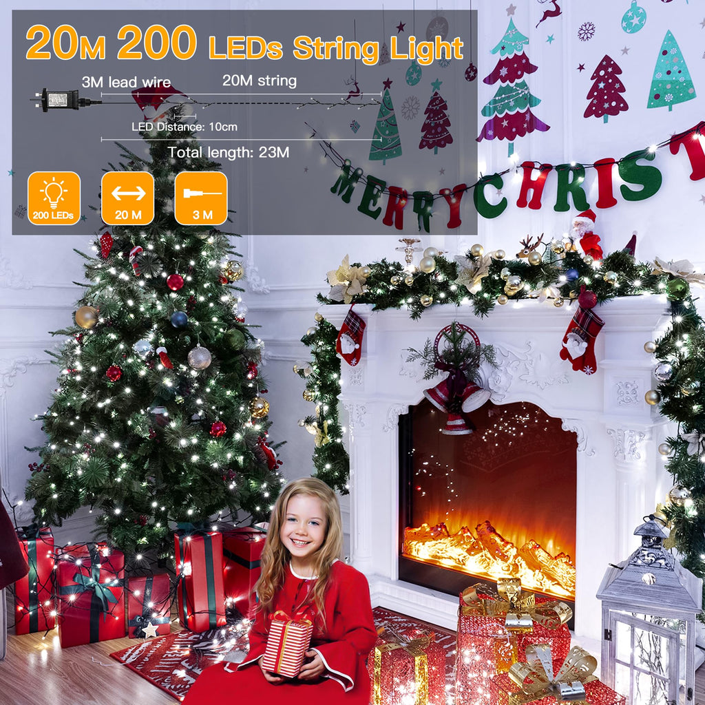 Ollny 200 LEDs 20m Christmas Garden String Lights (Cool White, Green Cable, Plug in, 8 Modes)