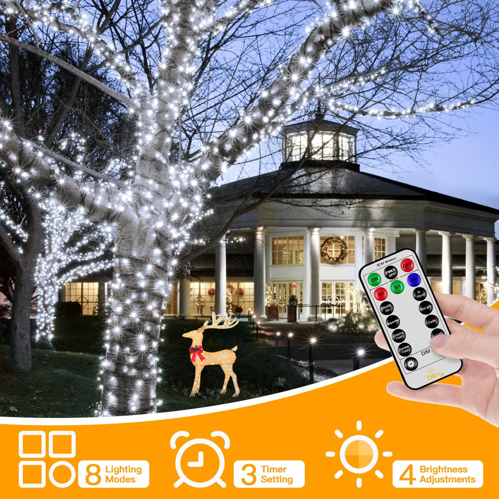 Ollny 200 LEDs 20m Christmas Garden String Lights (Cool White, Green Cable, Plug in, 8 Modes)