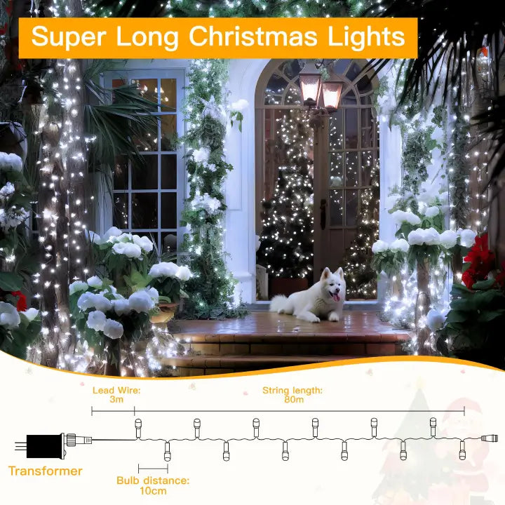 Ollny 800 LEDs 80m Christmas Fairy String Lights (Cool White, Clear Cable, Plug in, 8 Modes)