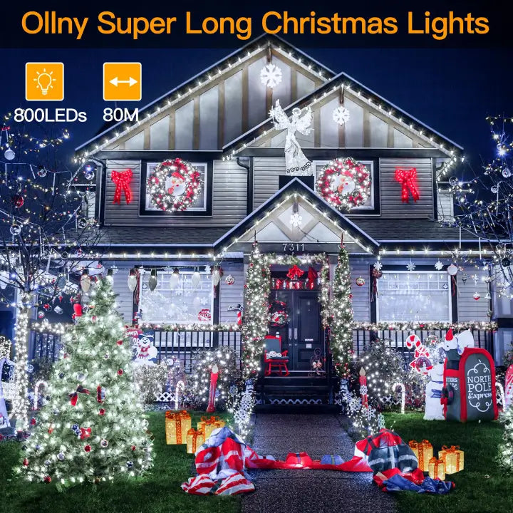 Ollny 800 LEDs 80m Patio Fairy String Lights (Cool White, Green Cable, Plug in, 8 Modes)
