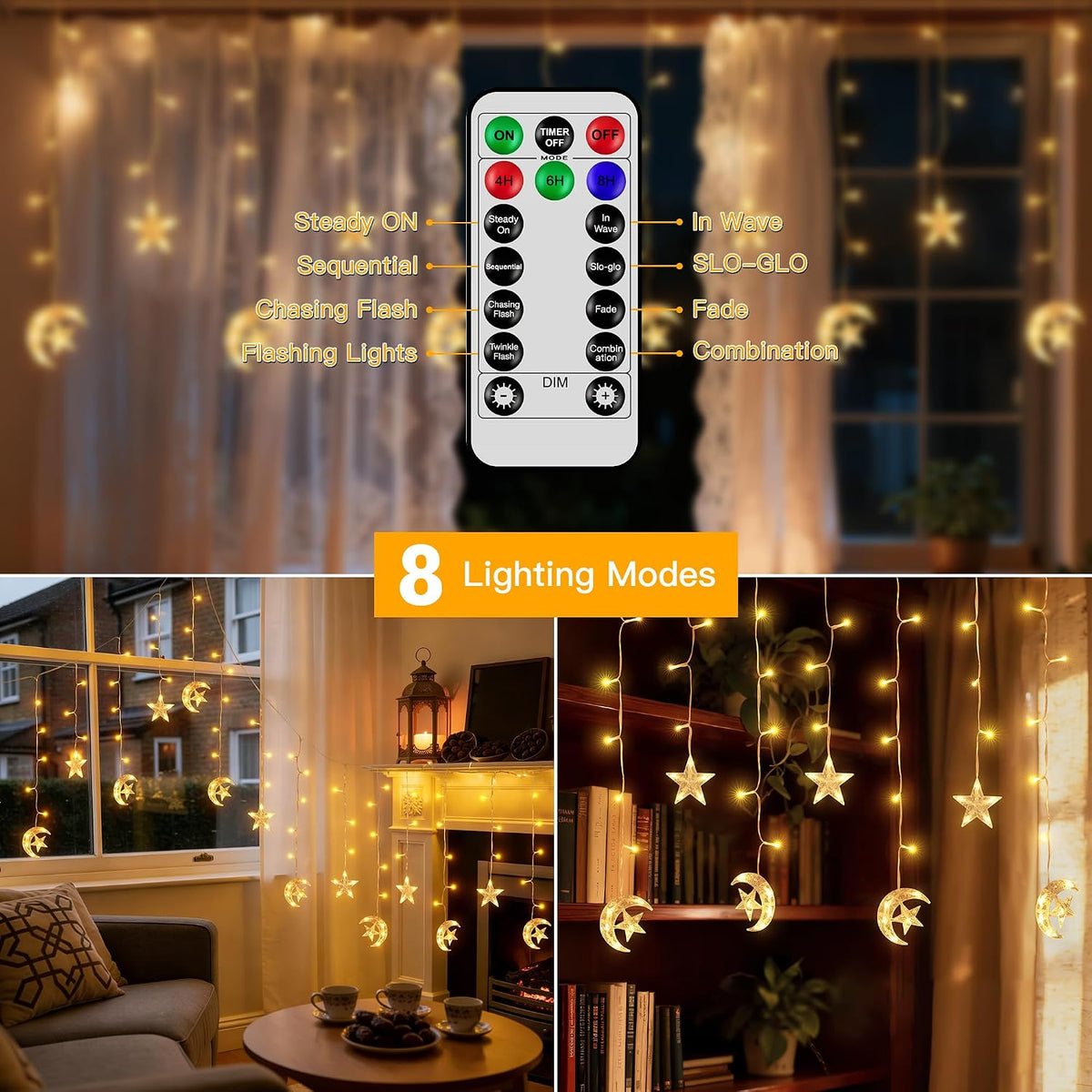Ollny Moon Star Curtain Fairy Lights