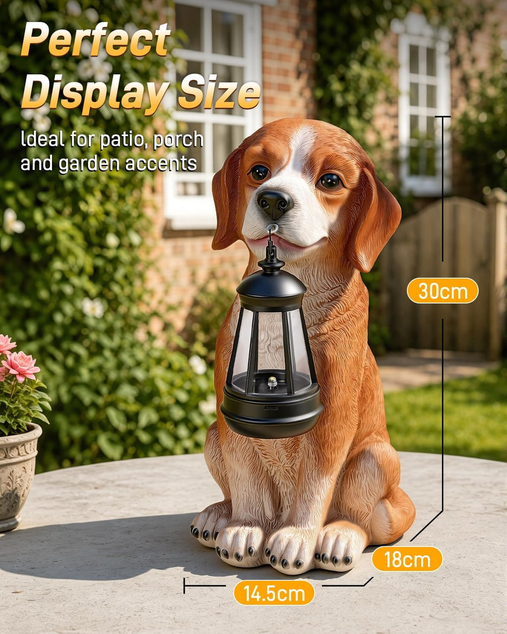 Ollny Outdoor Dog Resin Statue Garden Ornament with Solar LED Lantern (8 Modes, IP44 Waterproof)