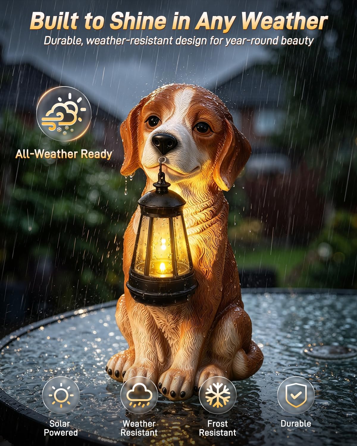Ollny Outdoor Dog Resin Statue Garden Ornament with Solar LED Lantern (8 Modes, IP44 Waterproof)