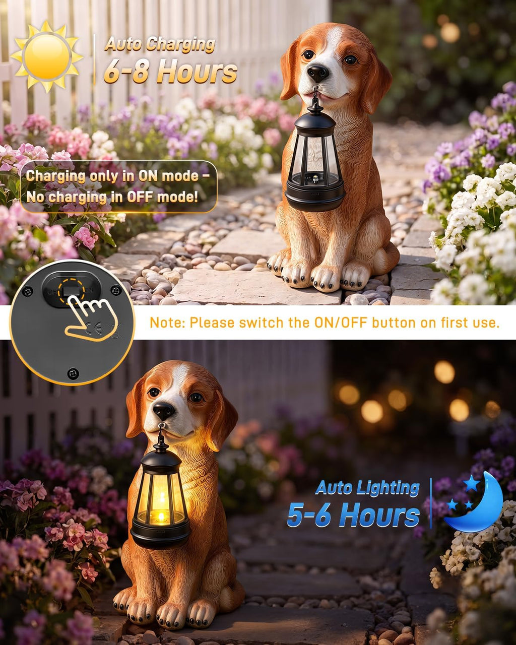 Ollny Outdoor Dog Resin Statue Garden Ornament with Solar LED Lantern (8 Modes, IP44 Waterproof)