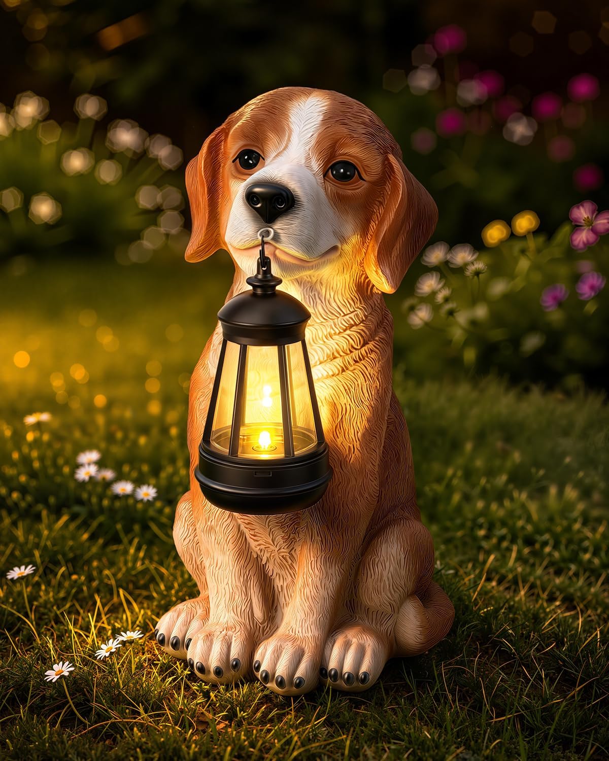 Ollny Outdoor Dog Resin Statue Garden Ornament with Solar LED Lantern (8 Modes, IP44 Waterproof)