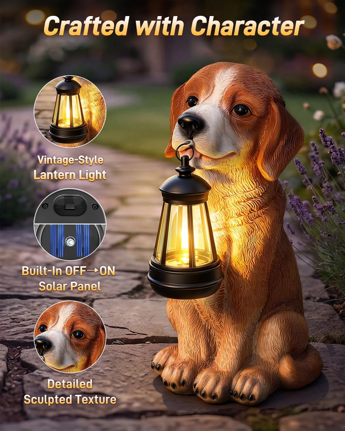 Ollny Outdoor Dog Resin Statue Garden Ornament with Solar LED Lantern (8 Modes, IP44 Waterproof)