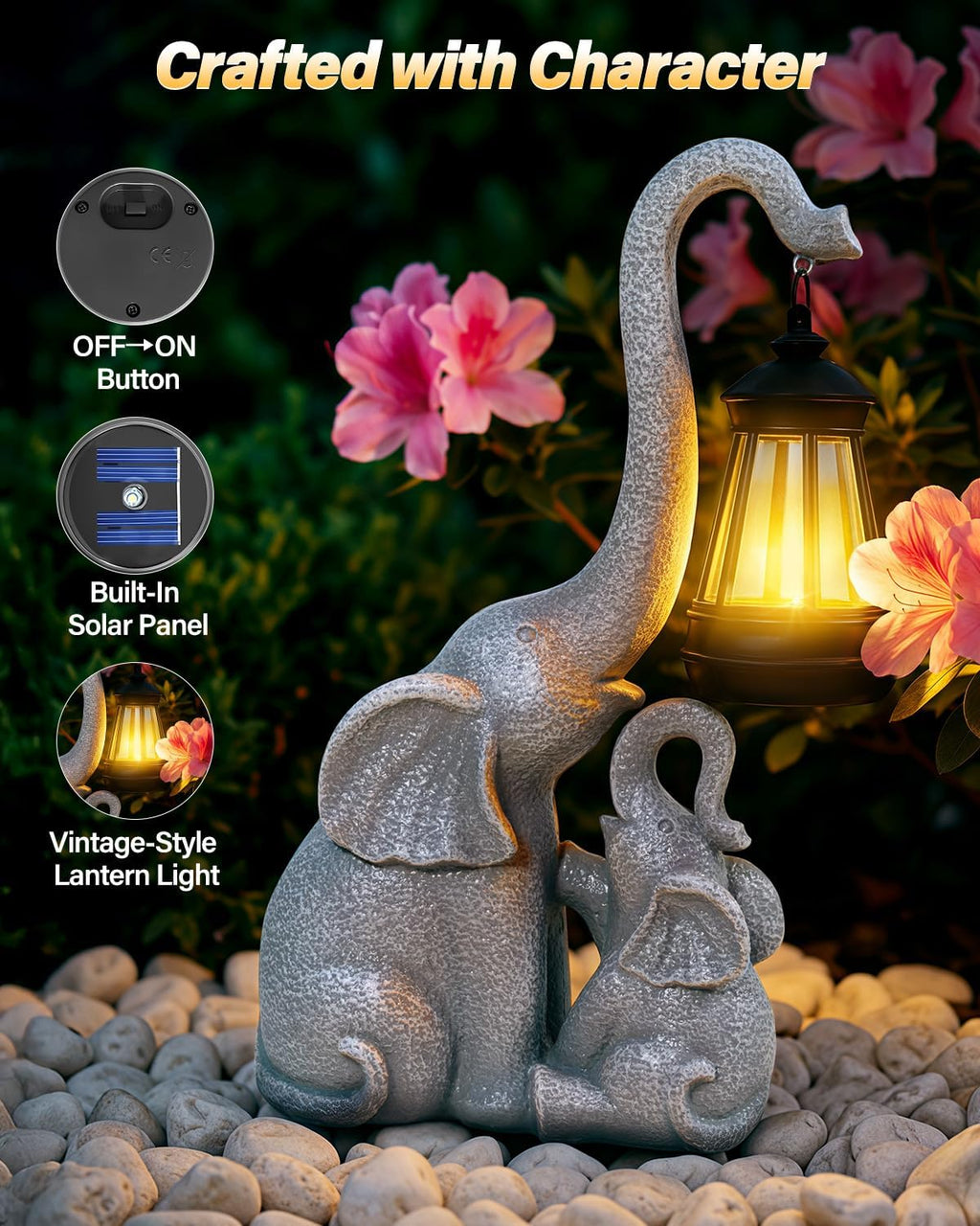 Ollny Elephant Garden Ornament with Solar LED Lantern, 29.5cm Resin Statue