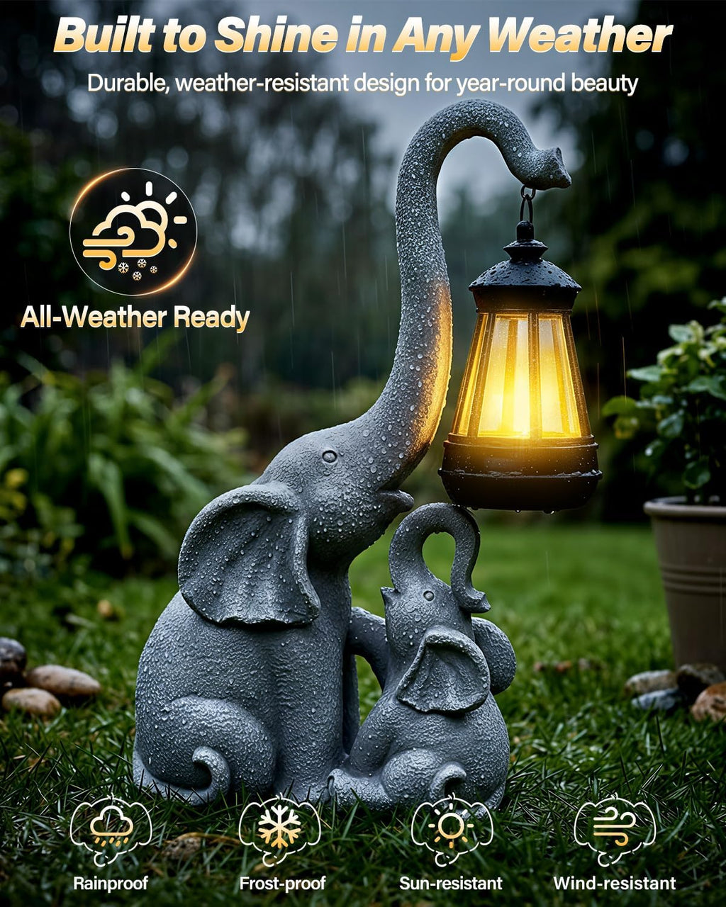Ollny Elephant Garden Ornament with Solar LED Lantern, 29.5cm Resin Statue
