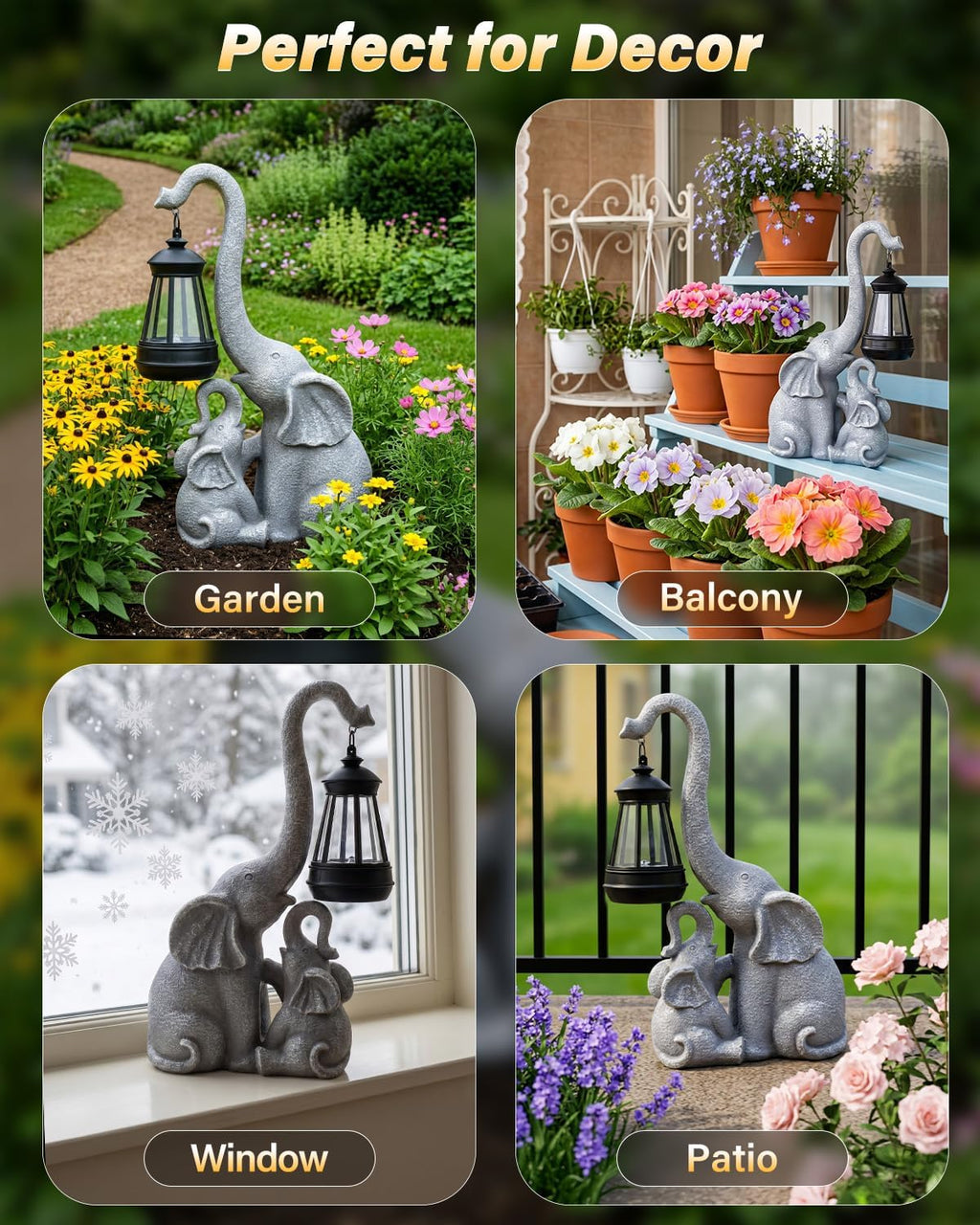 Ollny Elephant Garden Ornament with Solar LED Lantern, 29.5cm Resin Statue